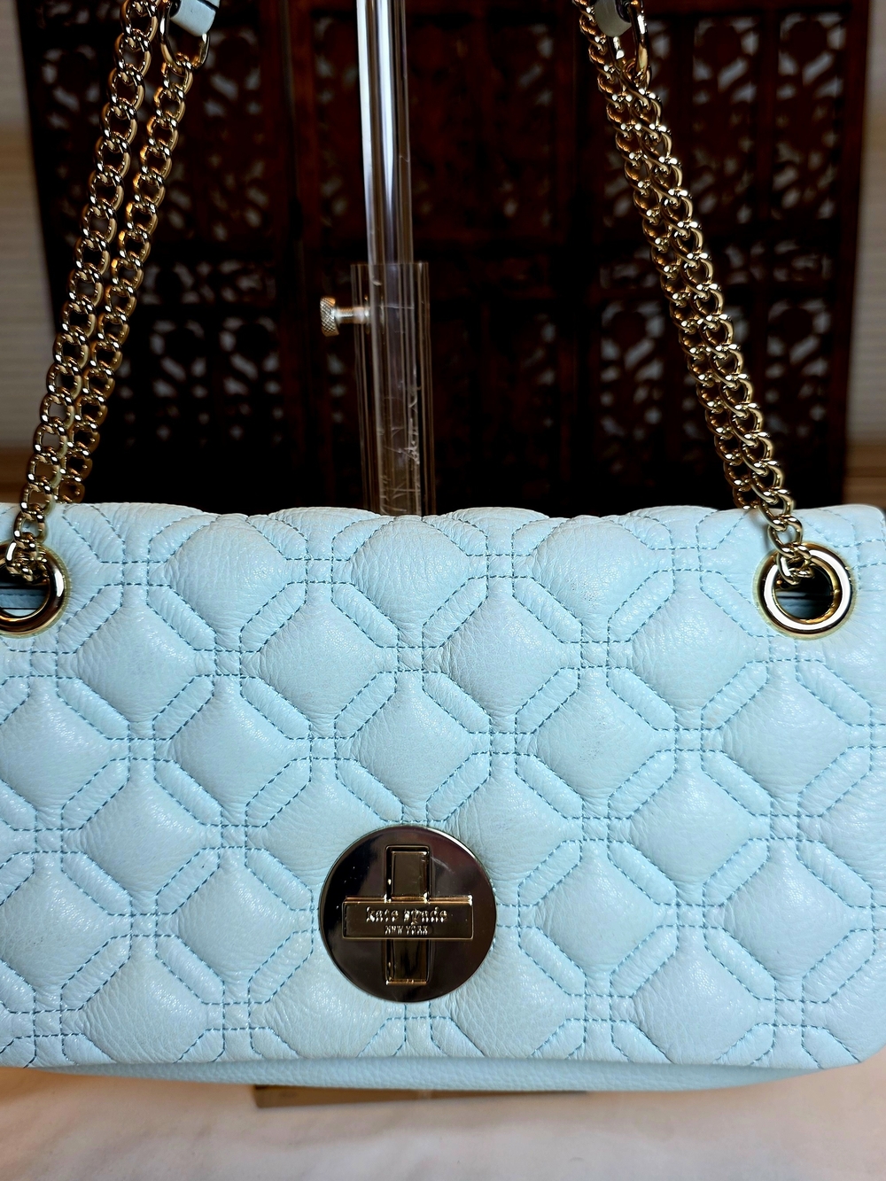 Kate Spade Blue Quilted Leather Chain Shoulder Bag Gold Turn Lock 2008-2012 Era